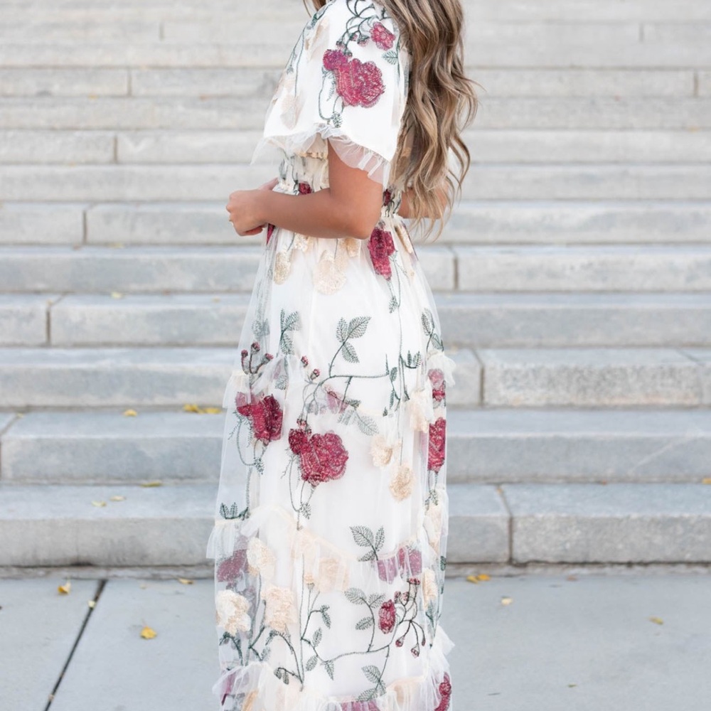 Floral Embroidered Maxi Dress in White with Burgundy Accents - Picture 6 of 9